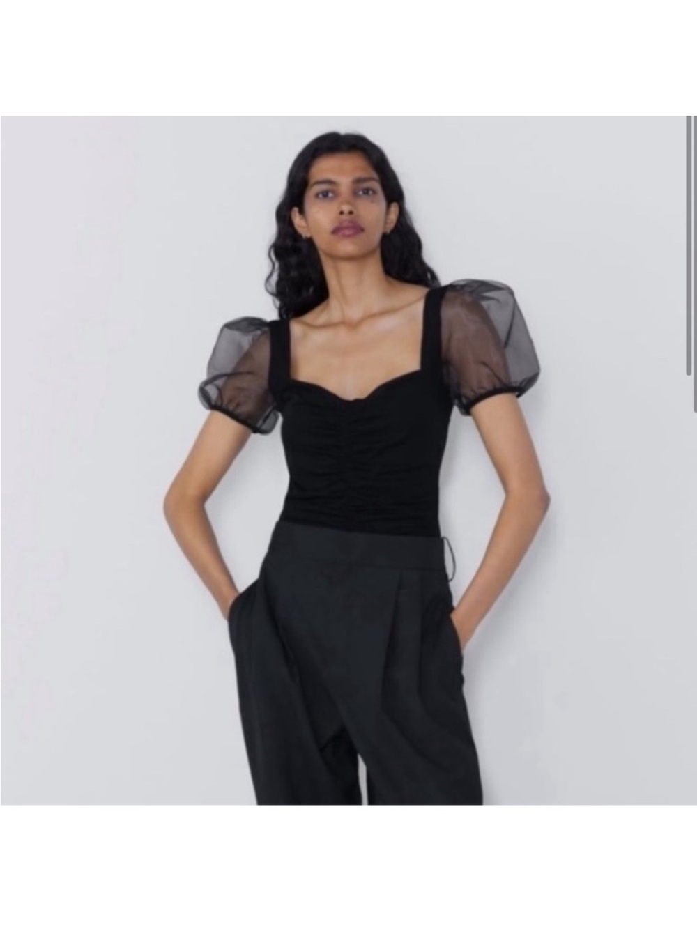 NWT Zara Sheer Puff Sleeve Black Bodysuit Size S